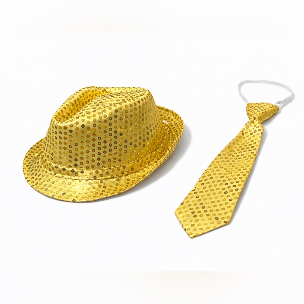 Spritz Gold Light up  Sequin Fedora Hat with Matching Sequin Tie 2 count!